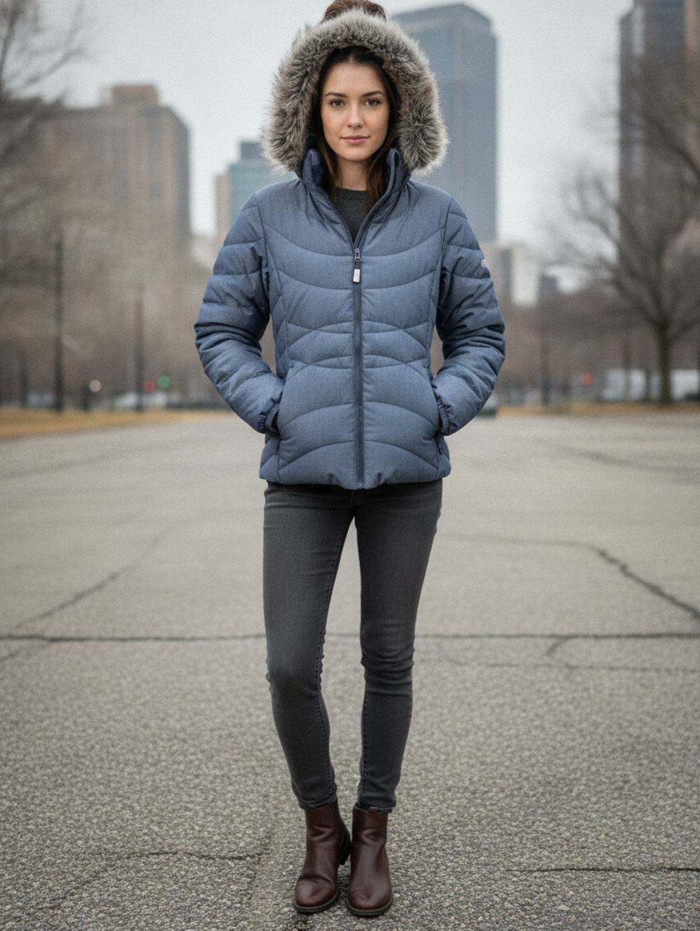 Eddie Bauer Women's XS Blue Puffer Jacket with Faux Fur Hood